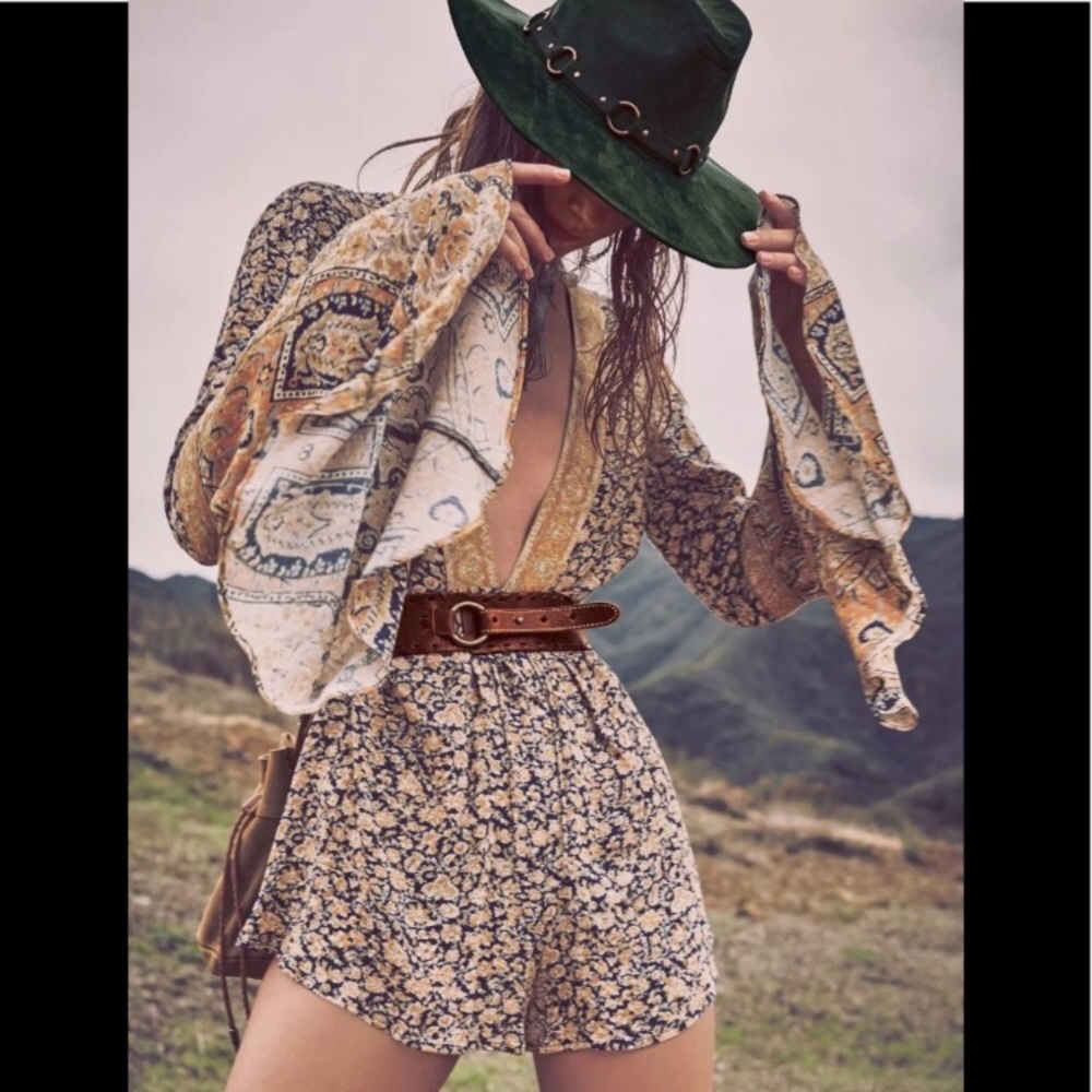 Free People Bell Sleeve Open Back Romper NWT
